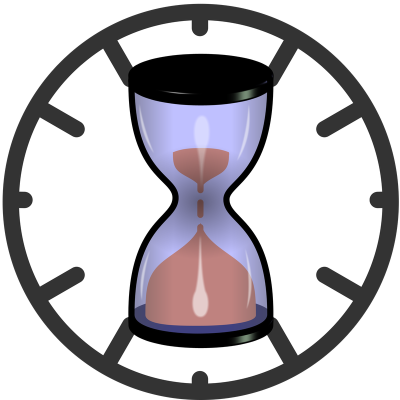 an hourglass in front of a clock shape.